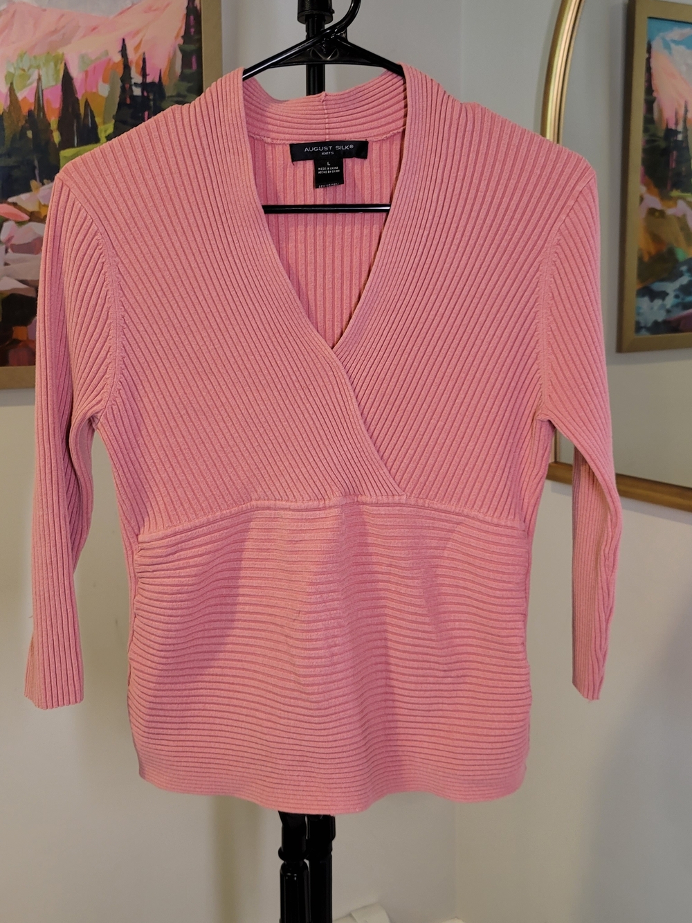 AUGUST SILK‎ Pink Ribbed Knit Sweater V-neck Wrap Women's Size  L